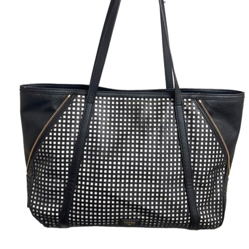 Fossil black perforate leather zipper tote bag